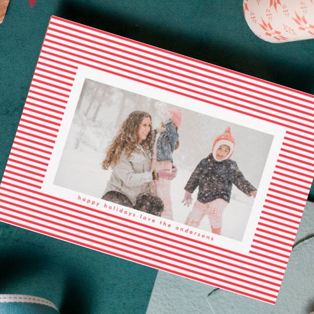 Modern Red Pin Stripes Christmas Frame Photo Holiday Card (Creator Uploaded)