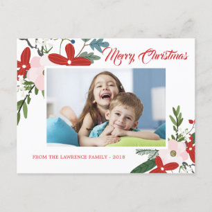 Modern Red Pink Floral Merry Christmas Photo Card