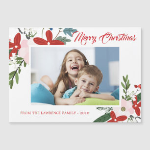 Modern Red Pink Floral Merry Christmas Photo Card