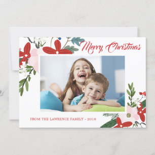 Modern Red Pink Floral Merry Christmas Photo Card
