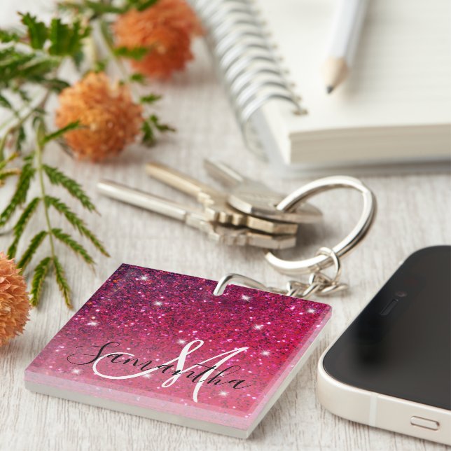 Modern Red & Pink Glitter Sparkles Name Keychain (Front Right)