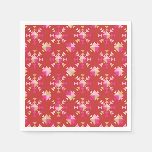 Modern Red Pink Gold Geometric Snowflakes Pattern Napkin (Front)