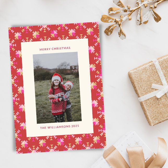 Modern Red Pink Gold Geometric Snowflakes Photo Holiday Card (Creator Uploaded)