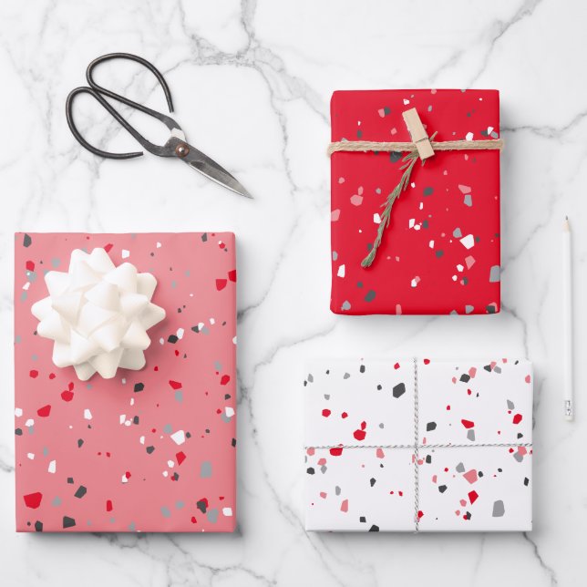 Modern Red Pink Grey Terrazzo Pattern Wrapping Paper Sheet (Front)