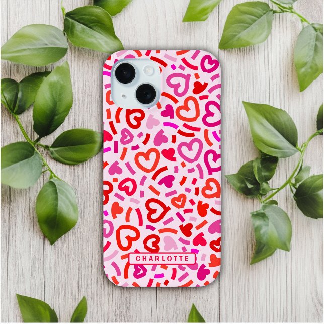 Modern Red Pink Purple Romantic Love Heart Pattern Case-Mate iPhone Case (Creator Uploaded)