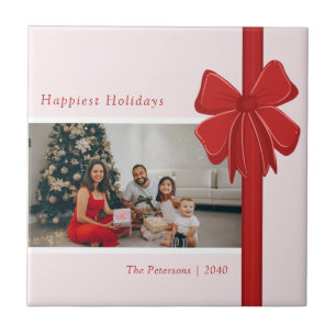 Modern Red & Pink Ribbon Bow Wrap Photo Christmas Tile