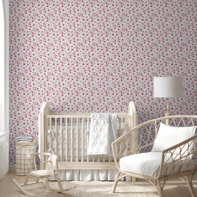 Modern Red Pink White Floral Watercolor Wall Art (Kids)