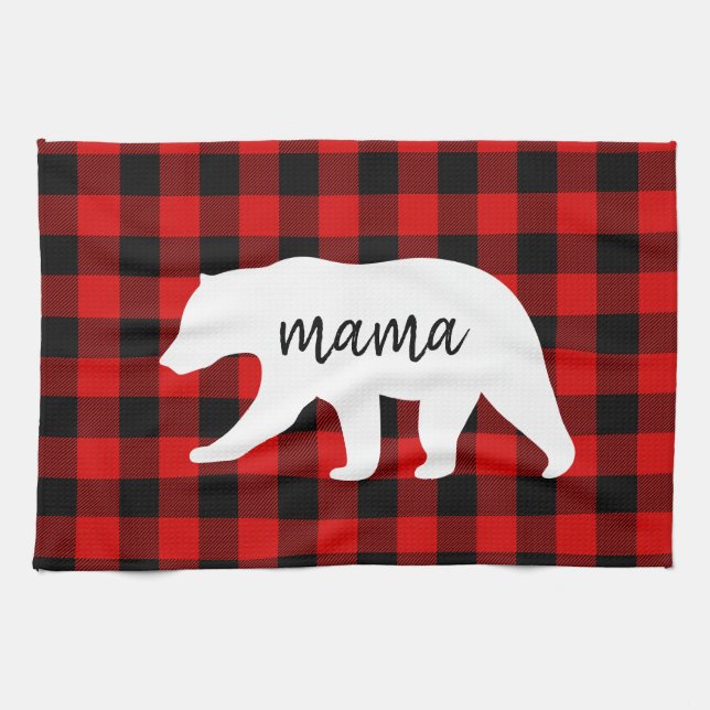 Modern Red Plaid And White Mama Bear Gift Kitchen Towel (Horizontal)