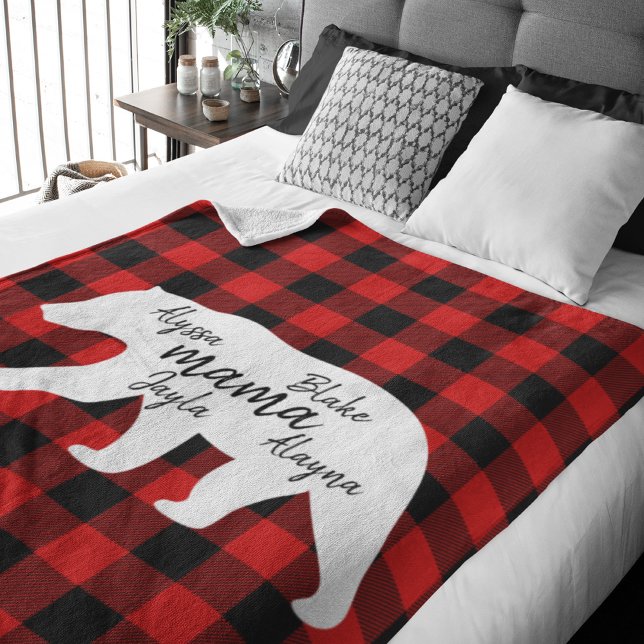 Modern Red Plaid And White Mama Bear Gift Sherpa Blanket (Creator Uploaded)