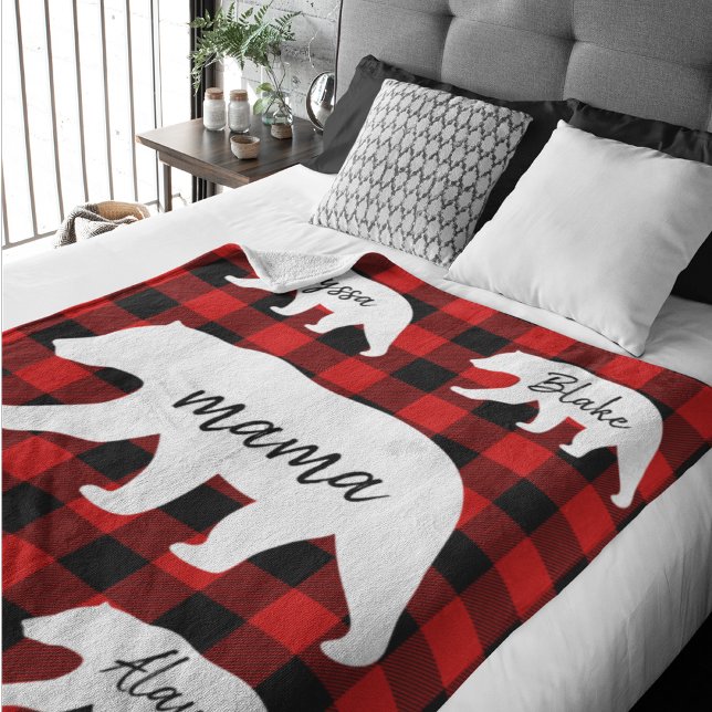 Modern Red Plaid And White Mama Bear Gift Sherpa Blanket (Creator Uploaded)