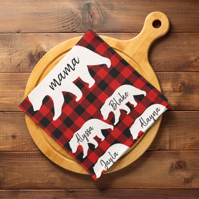 Modern Red Plaid And White Mama Bear Kitchen Towel (Creator Uploaded)