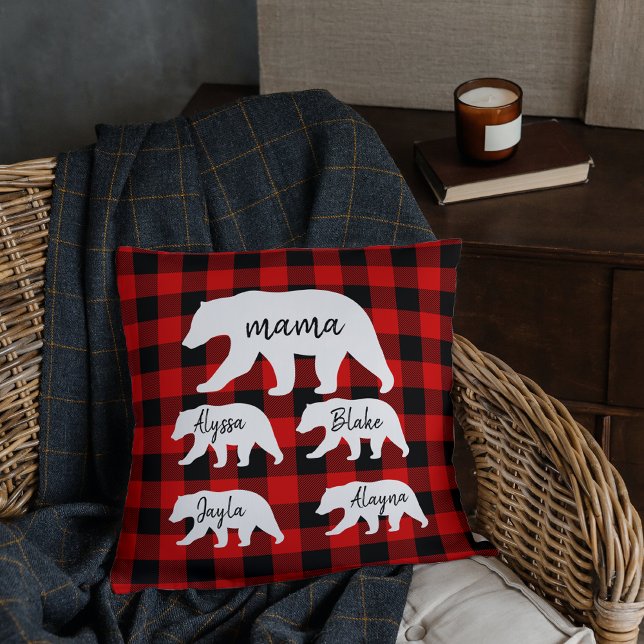 Modern Red Plaid And White Mama Bear Throw Pillow (Creator Uploaded)