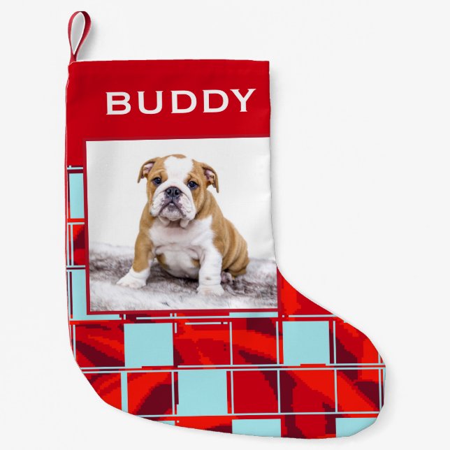 Modern Red Plaid Bulldog Dog Pet Photo  Small Christmas Stocking (Front)