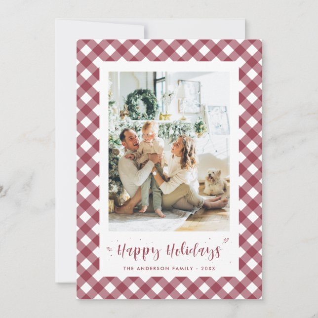 Modern Red Plaid Calligraphy Photo Holiday Card (Front)