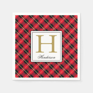 Modern Red Plaid Check Gold Accents, Monogrammed Napkin