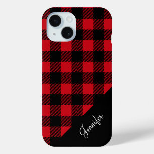 Modern Red Plaid Check Pattern Name iPhone 15 Case