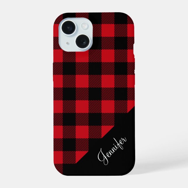 Modern Red Plaid Check Pattern Name iPhone 15 Case (Back)