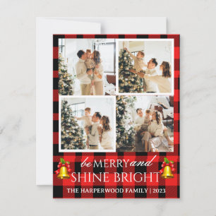 Modern Red Plaid Christmas Family Photo Collage Holiday Card
