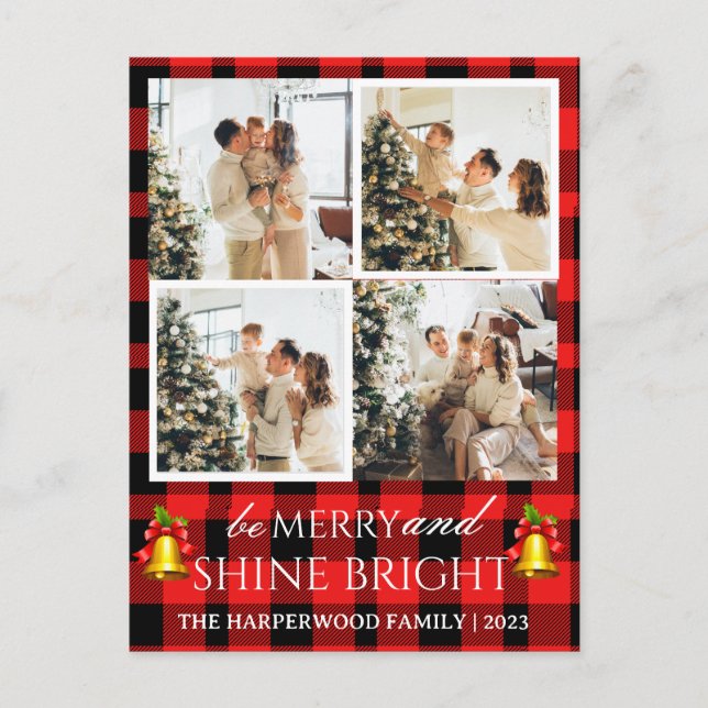 Modern Red Plaid Christmas Family Photo Collage Holiday Postcard (Front)