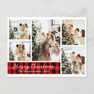 Modern Red Plaid Christmas Family Photo Collage Holiday Postcard