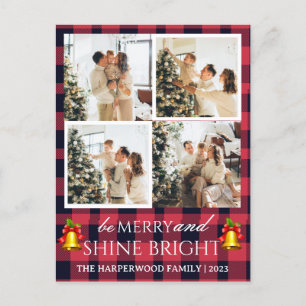  Modern Red Plaid Christmas Family Photo Collage Holiday Postcard