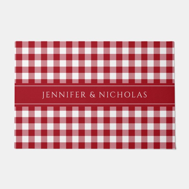 Modern Red Plaid Gingham Name Doormat (Front)
