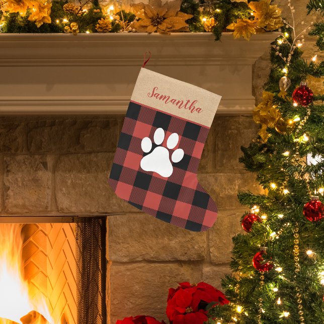 Modern Red Plaid & Name Dog Paw Large Christmas Stocking (Creator Uploaded)