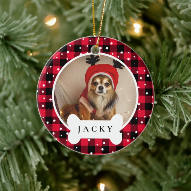 Modern Red Plaid Personalized Pet Dog Photo & Name Ceramic Ornament (Tree)