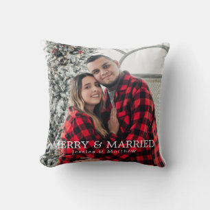 Modern Red Plaid Photo Newlyweds Merry and Married Throw Pillow