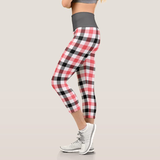 Modern Red Plaid Tartan Pattern Capri Leggings (Left)