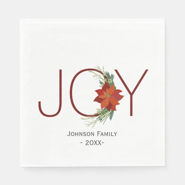 Modern Red poinsettia Holiday Joy Christmas Napkin (Front)