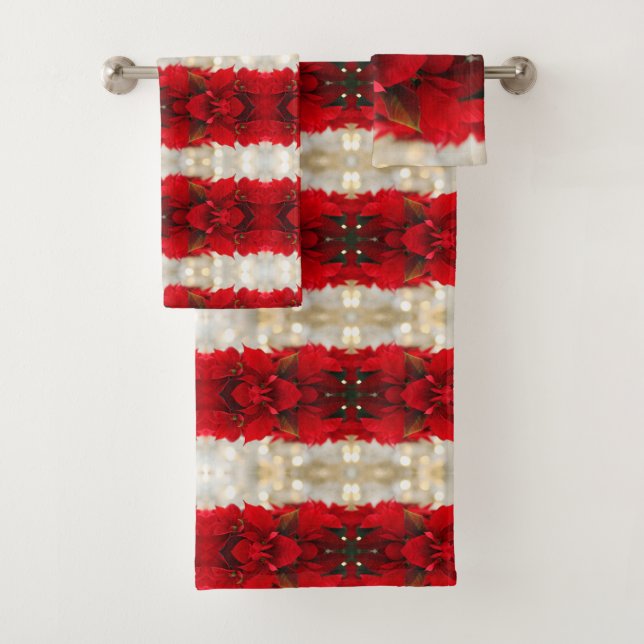 Modern Red Poinsettias and White Lights stripes Bath Towel Set (Insitu)