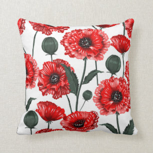 Modern Red Poppy Country Floral Throw Pillow