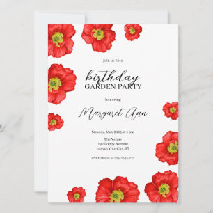 Modern Red Poppy Floral Birthday Garden Party Invitation