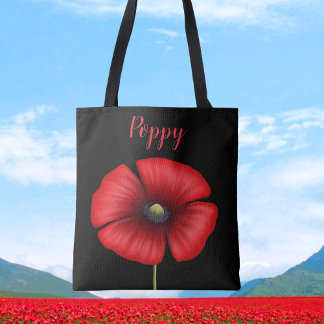 Modern Red Poppy Name Black Floral Tote Bag