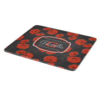 Modern Red Poppy Pattern Monogram on Slate Grey Cutting Board