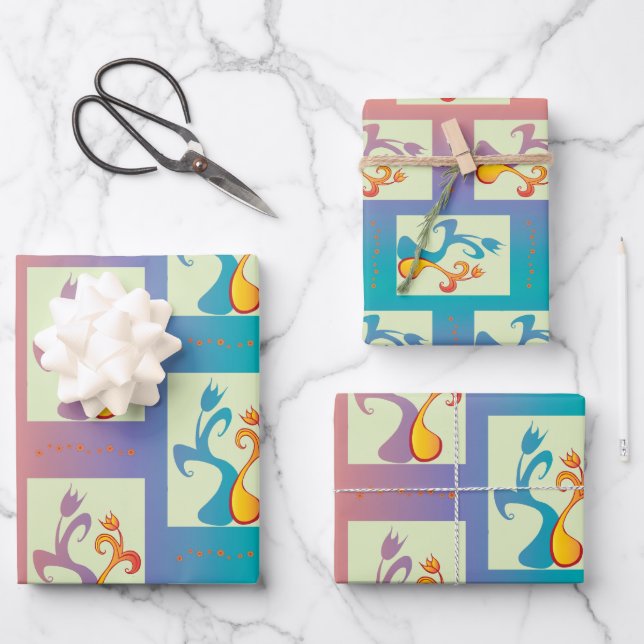 Modern Red, purple and blue Tulip Couple pattern Wrapping Paper Sheet (Front)