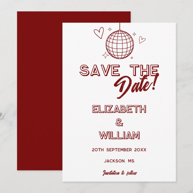 Modern Red Retro Disco Groovy Wedding Save The Date (Front/Back)