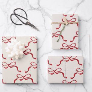 Modern Red Retro Trendy Christmas Holiday Bows  Wrapping Paper Sheet