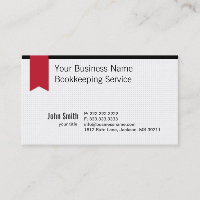 Modern Red Ribbon Bookkeeping Business Card (Front)