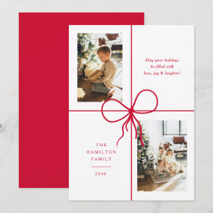 Modern Red Ribbon Bow Wrap 2 Photo Christmas Holiday Card