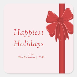 Modern Red Ribbon Bow Wrapped Christmas Square Sticker