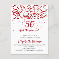 Modern Red Ribbon & Confetti 50th Birthday
