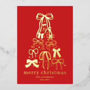 Modern Red Ribbon Tree Christmas Photo Gold Foil Holiday Card