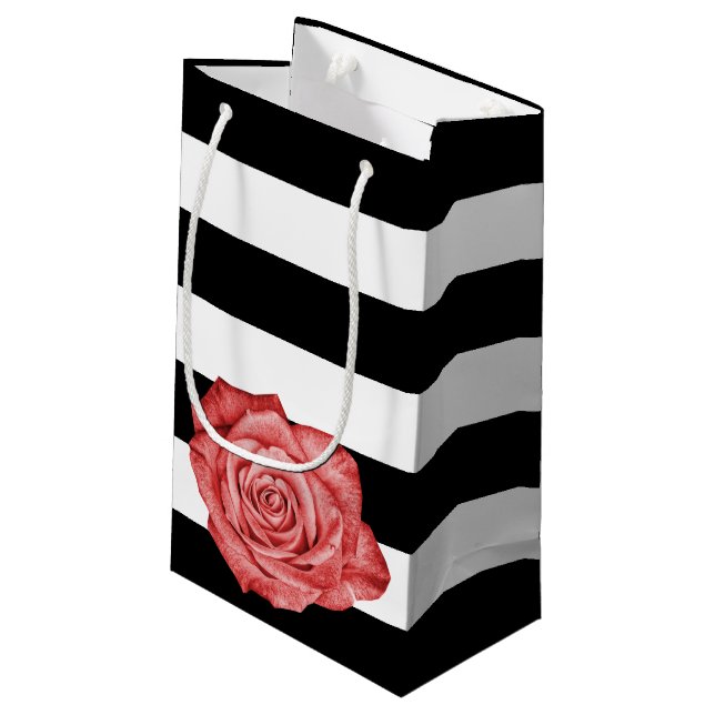 Modern Red Rose Black White Striped Wedding Party Small Gift Bag (Back Angled)