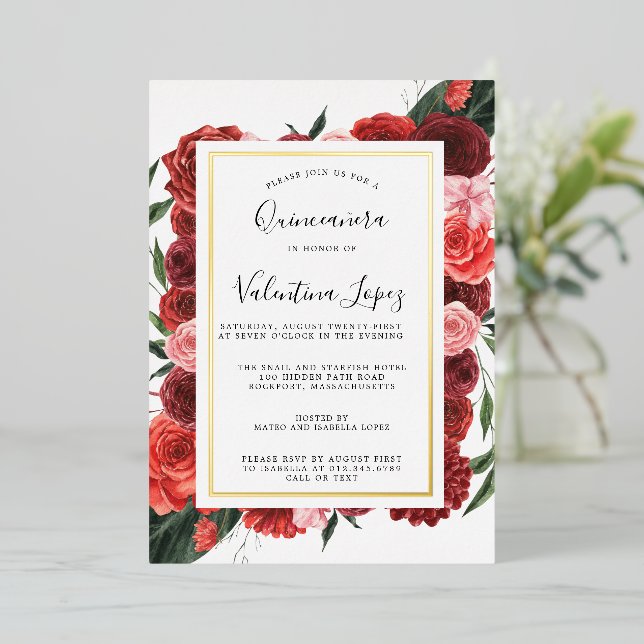 Modern Red Rose Floral Quinceanera Gold (Standing Front)
