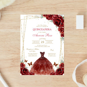 Modern Red Rose Floral Quinceanera Invitation