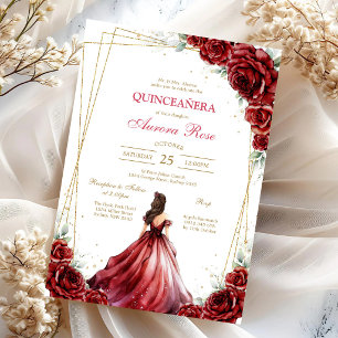 Modern Red Rose Floral Quinceanera Invitation