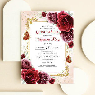 Modern Red Rose Floral Quinceanera Invitation