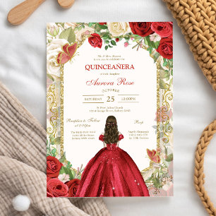 Modern Red Rose Floral Quinceanera Invitation